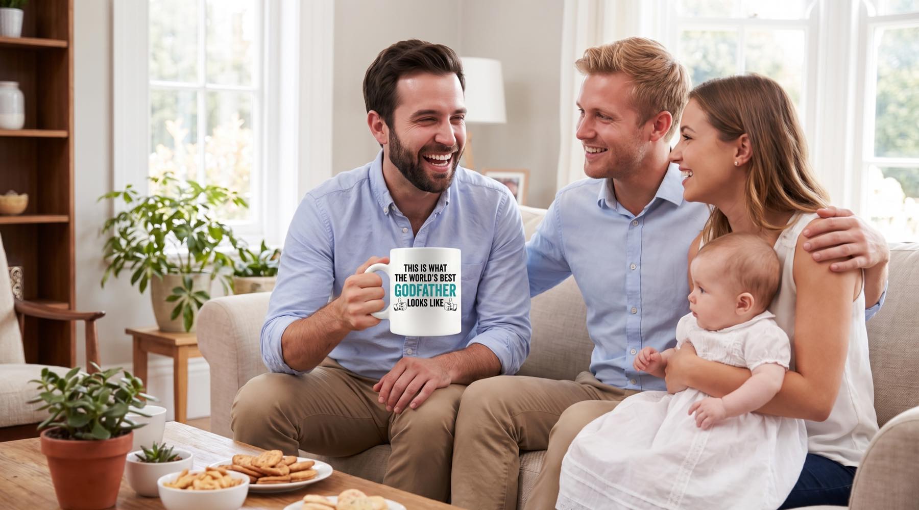 A godfather holds a World's Best Godfather mug on the sofa beside the parents and their baby in a white christening gown