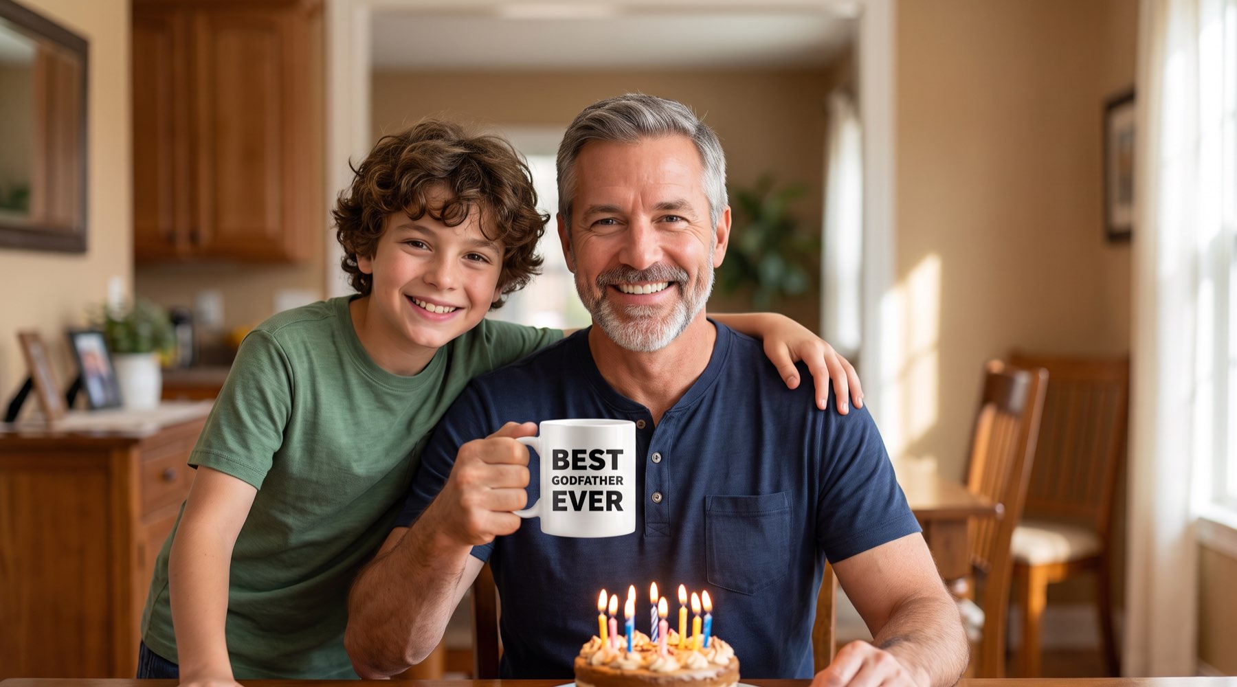 A godson hugs his godfather at a birthday table with a cake while the godfather holds a Best Godfather Ever mug