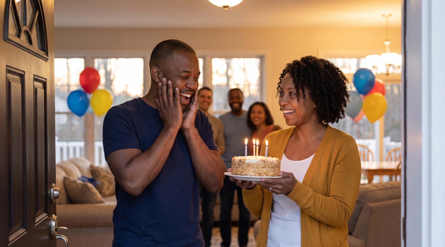 A husband covering his cheeks in surprise as he walks in the front door and his wife holds a birthday cake with lit candles, friends behind them