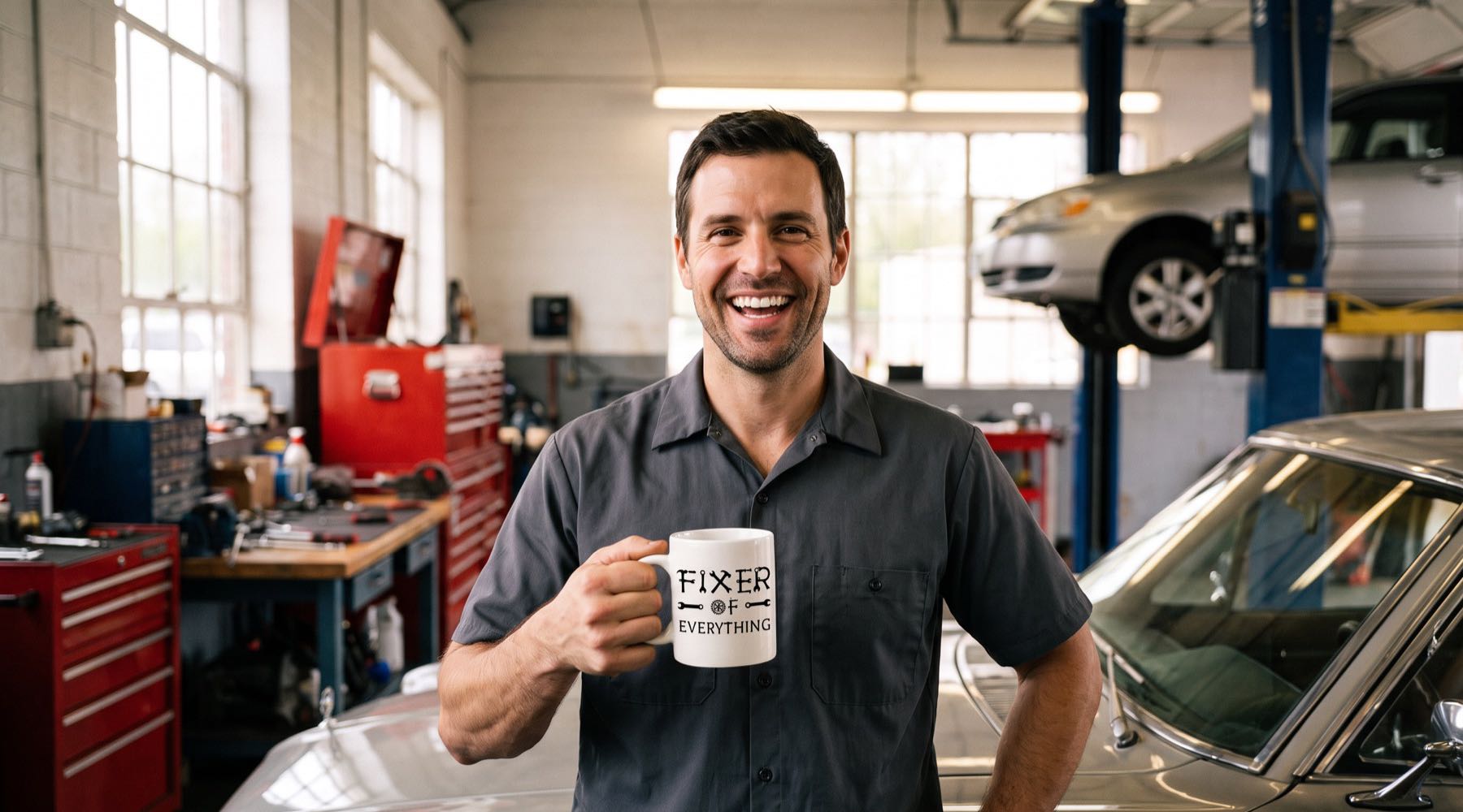 A smiling auto mechanic in a gray work shirt holds a Fixer Of Everything mug in a repair shop