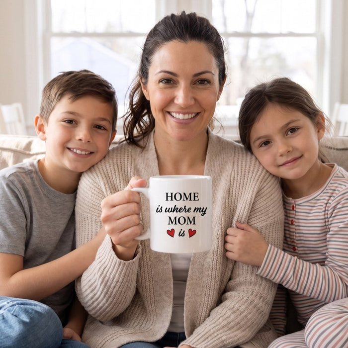 A mother sits on the sofa between her son and daughter holding a Home Is Where My Mom Is mug
