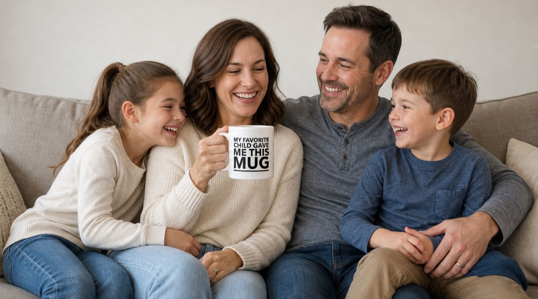 A mom on the sofa with her husband, daughter and son holds a My Favorite Child Gave Me This Mug mug