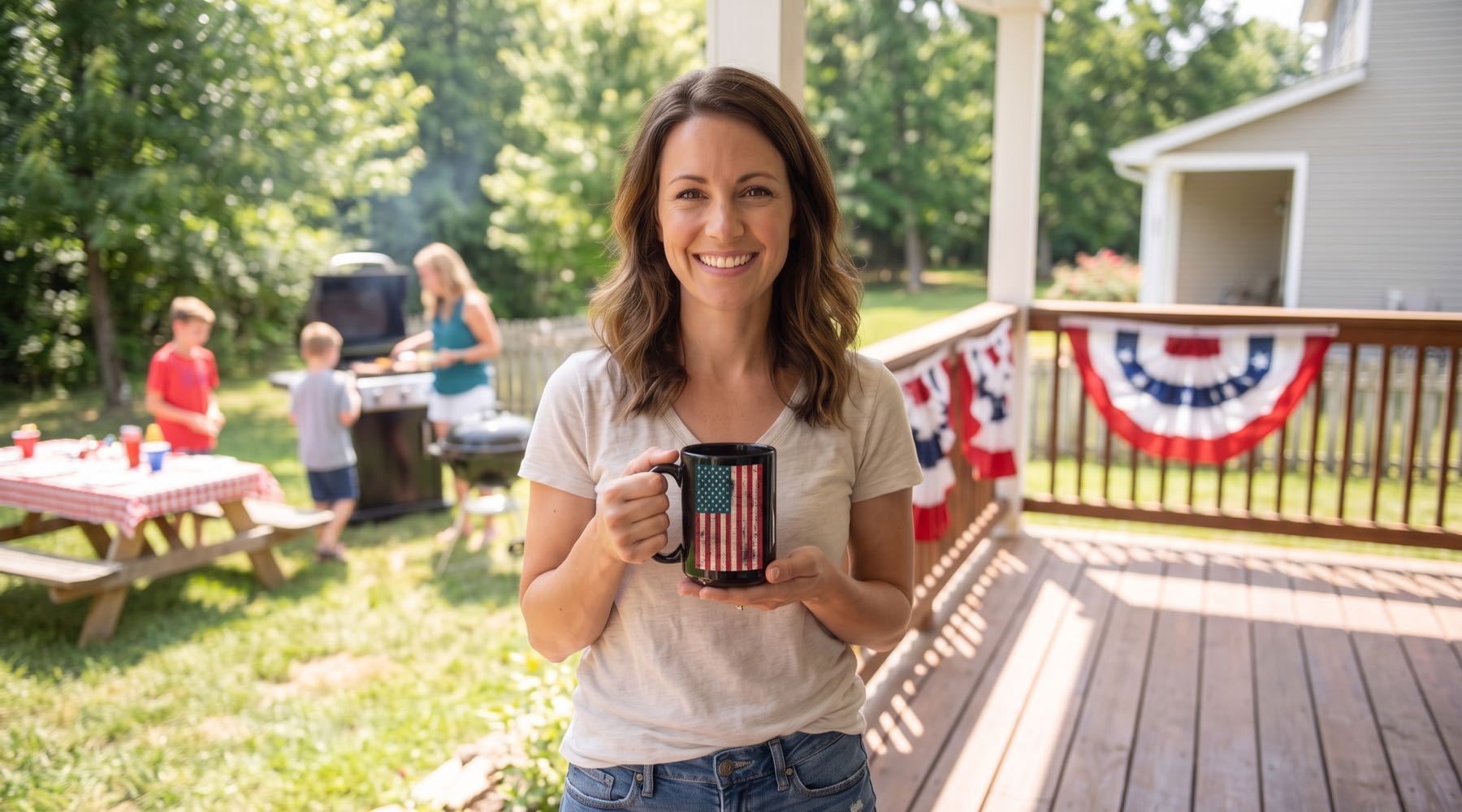 A woman hosting a Fourth of July cookout holds an American flag mug on her porch decorated with red, white and blue bunting