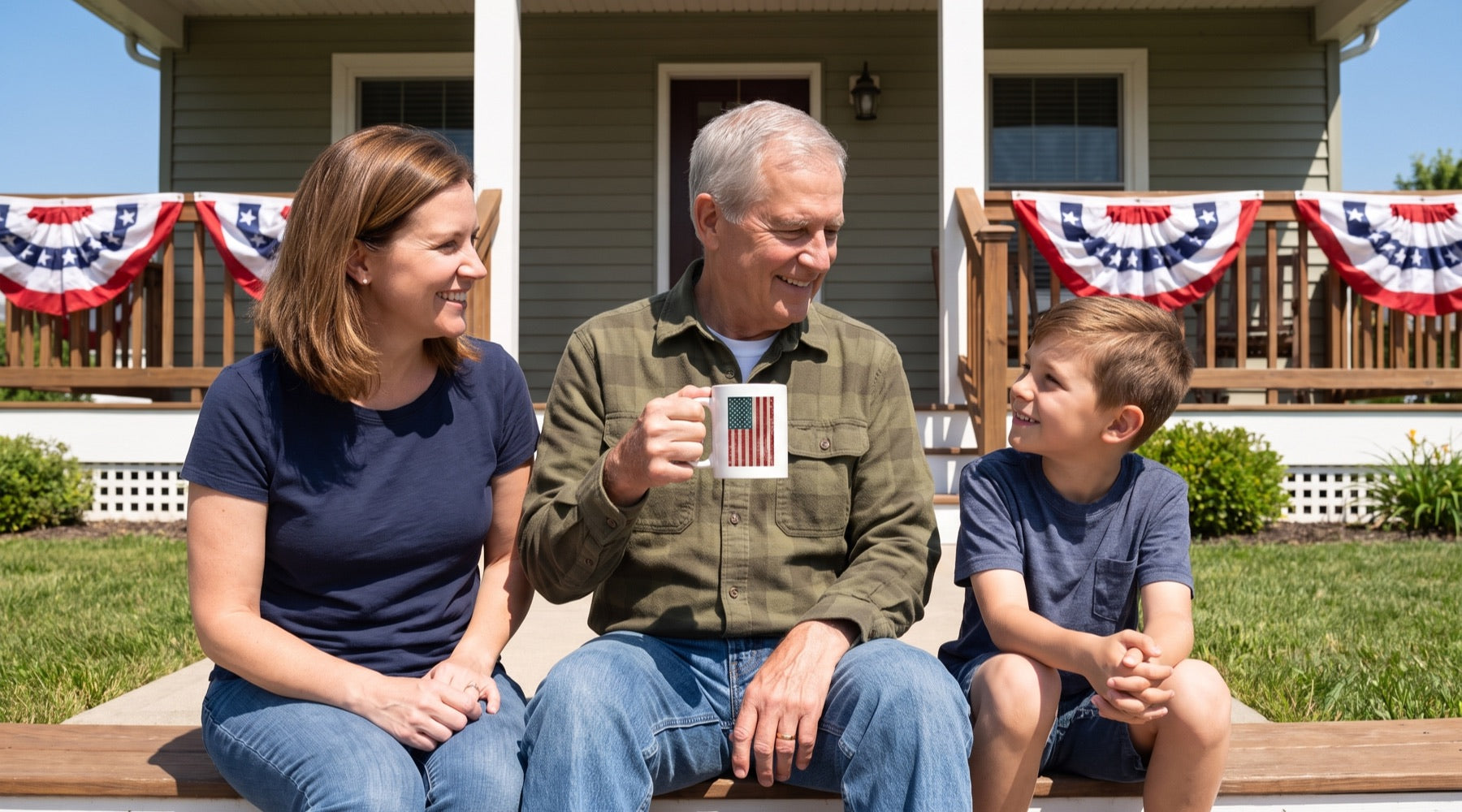 A grandfather, his daughter and his grandson sit on porch steps with flag bunting, the grandfather holding an American flag mug