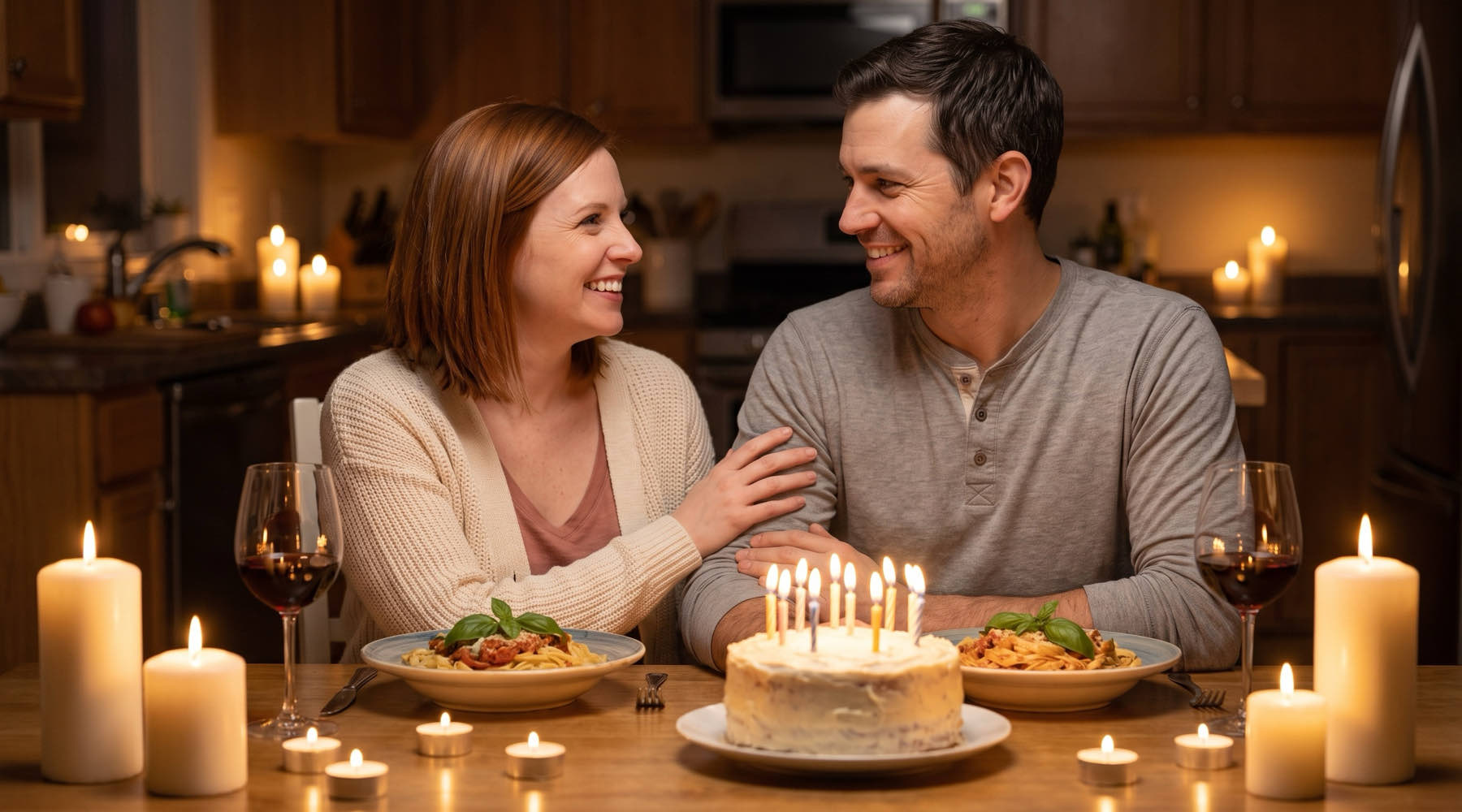 A husband and wife smiling at each other over a candlelit birthday dinner at home