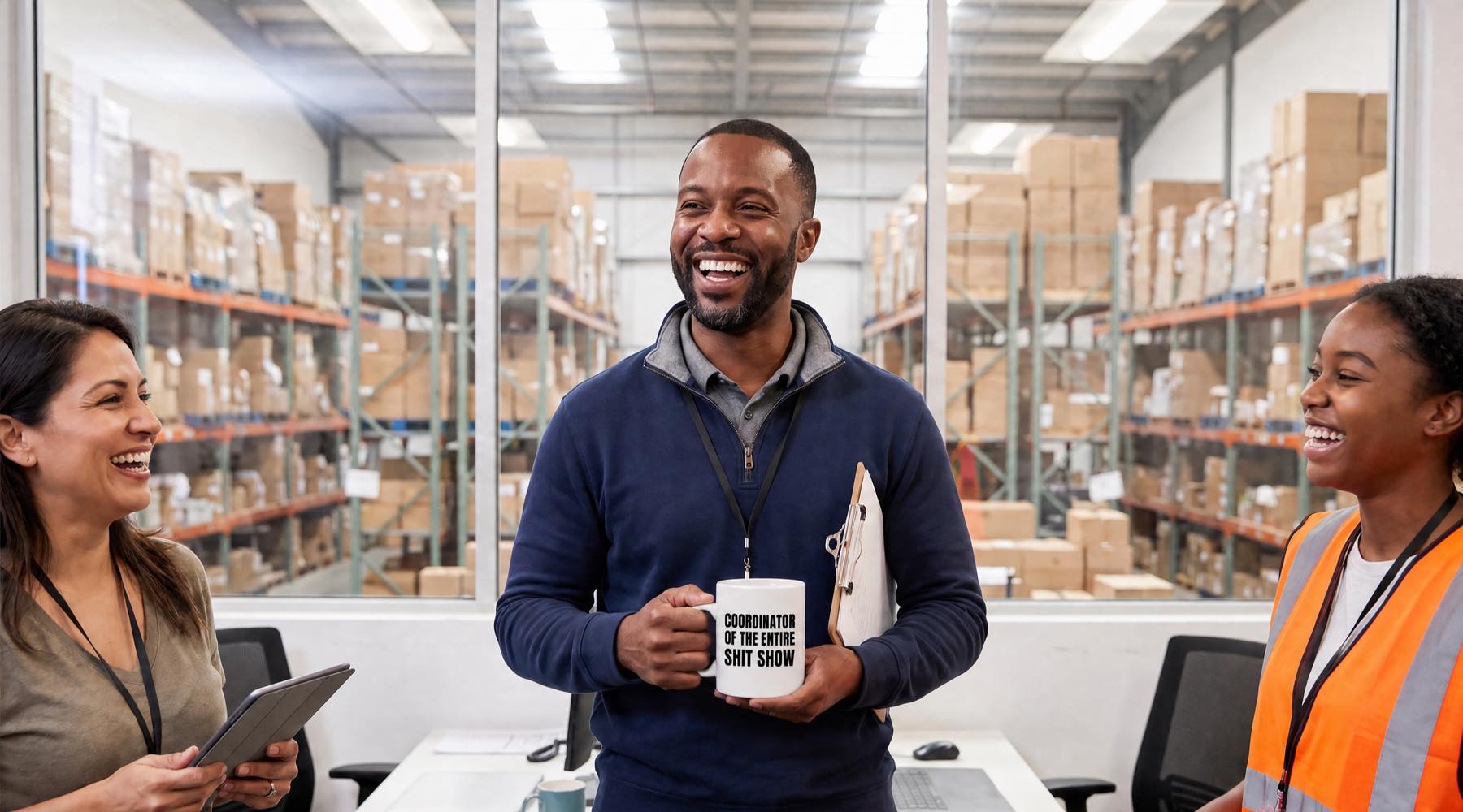 A smiling warehouse supervisor holding a white Coordinator Of The Entire Shit Show mug between two laughing coworkers in an office overlooking warehouse shelves