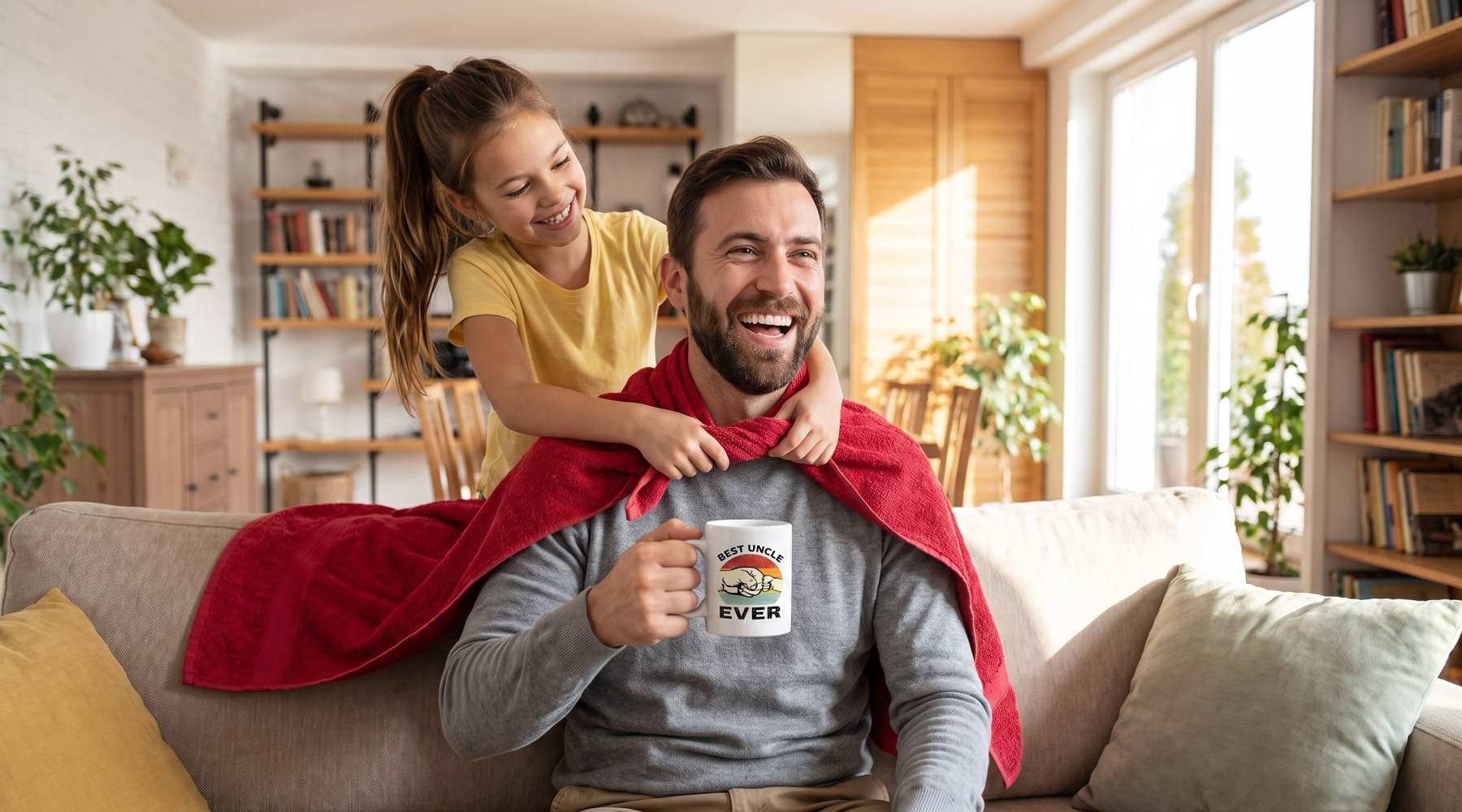 A niece ties a red towel cape on her laughing uncle as he sits on the sofa holding a Best Uncle Ever mug