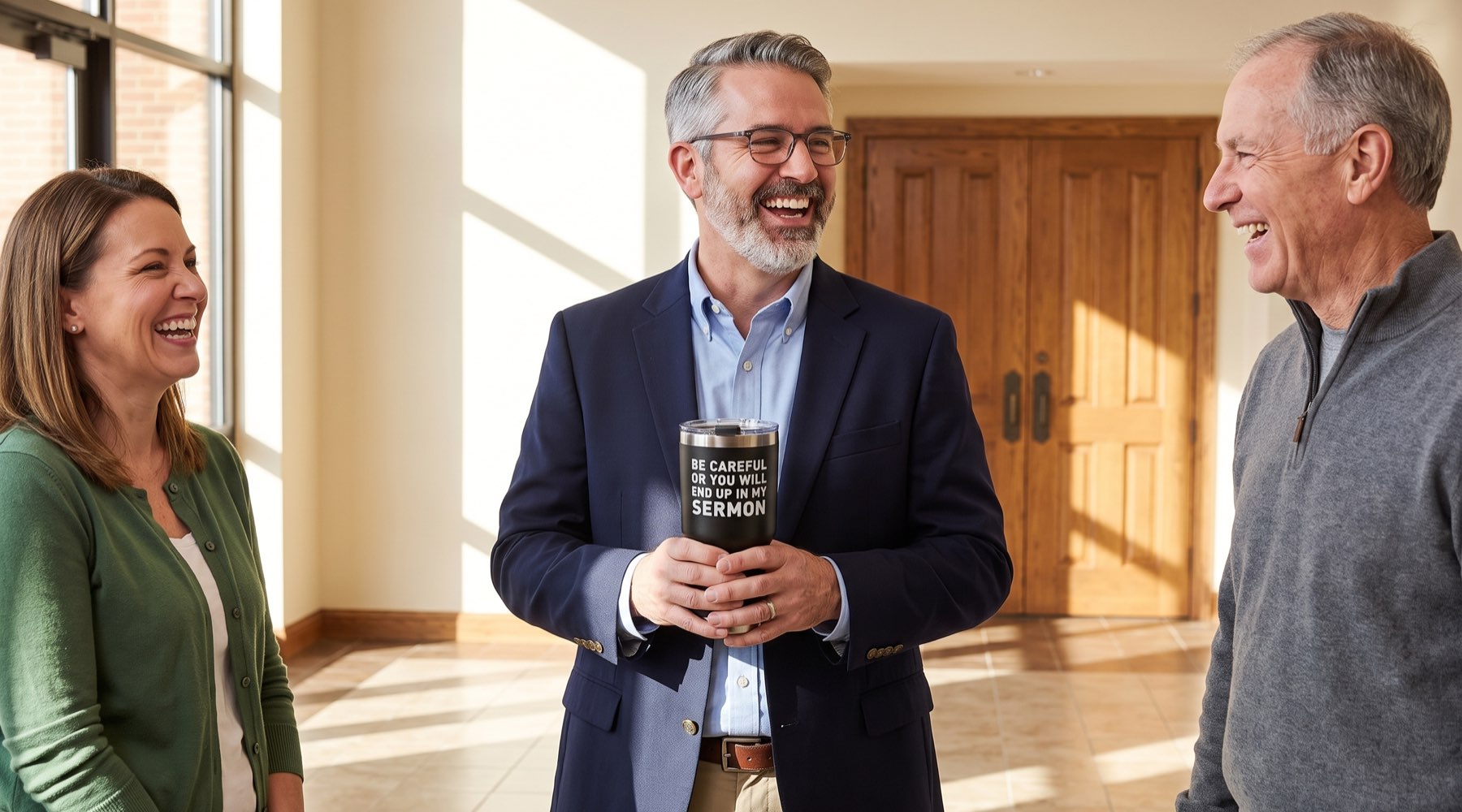 Pastor holds a Be Careful Or You Will End Up In My Sermon tumbler and laughs with two church members in the foyer