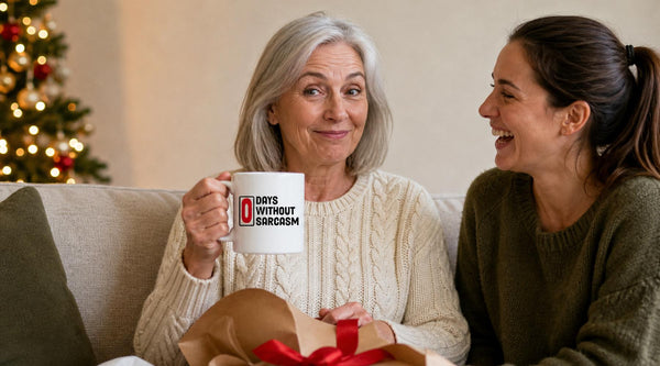 A woman on the sofa on Christmas morning holds up a 0 Days Without Sarcasm mug as her daughter laughs beside her