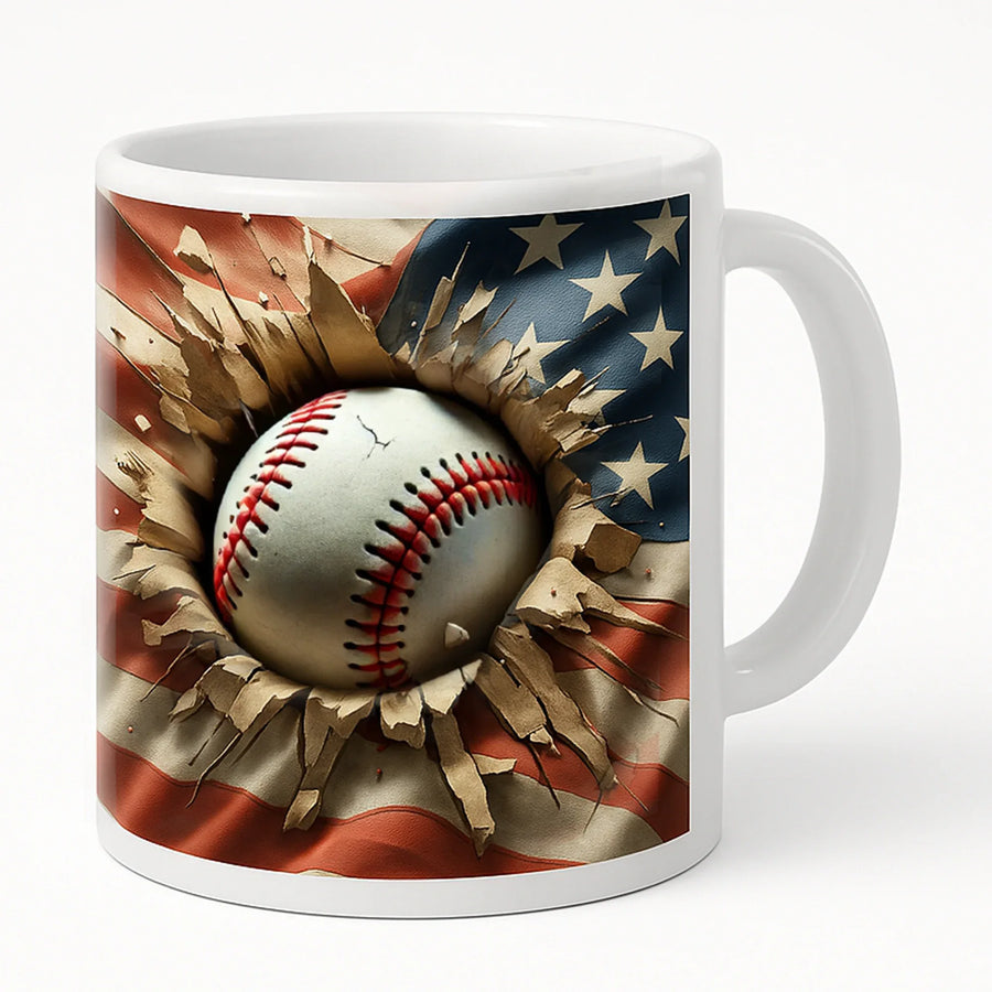 3D Baseball Crack Hole American Flag Ceramic Mug 11 oz White
