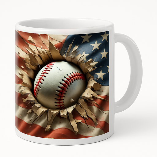 3D Baseball Crack Hole American Flag Ceramic Mug 11 oz White.