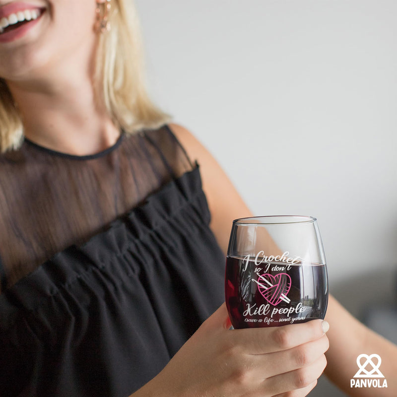 I Crochet So I Don't Kill People Save A Life Send Yarn Stemless Wine Glass 17oz.