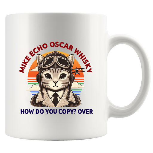 Cat Pilot Mike Echo Oscar Whisky Ceramic Mug 11 oz white.