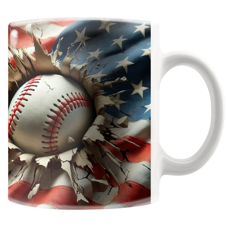 3D Baseball Crack Hole American Flag Ceramic Mug 11 oz White