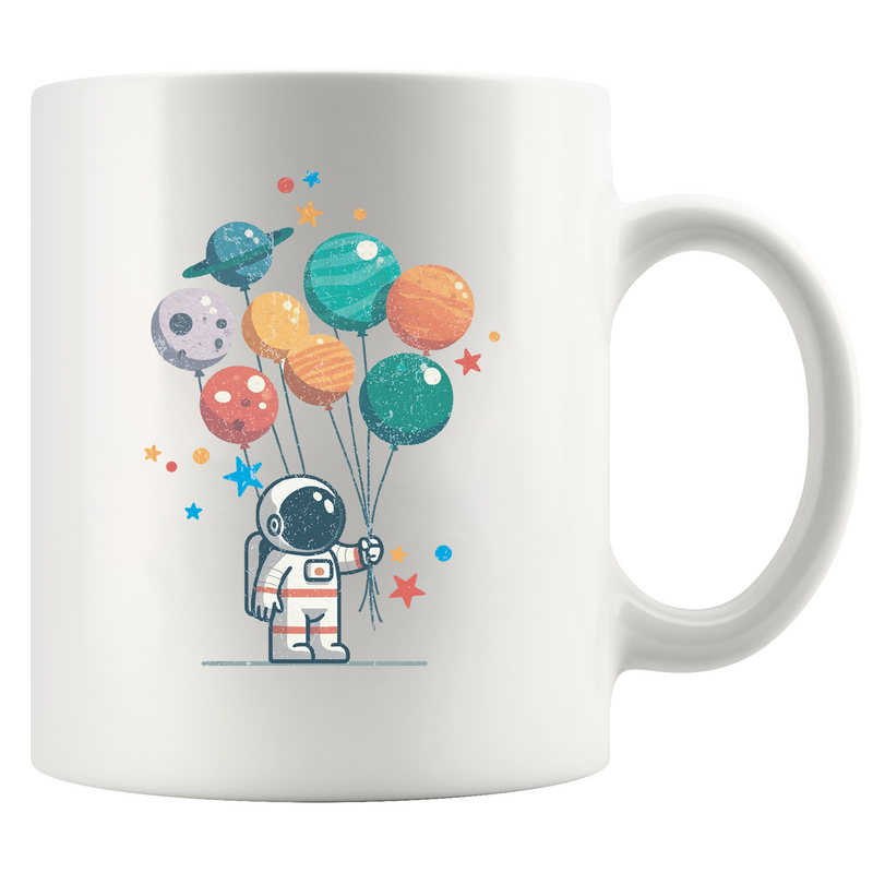 Astronaut Holding Planet Balloons Ceramic Mug 11 oz White