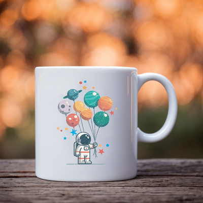 Astronaut Holding Planet Balloons Ceramic Mug 11 oz White