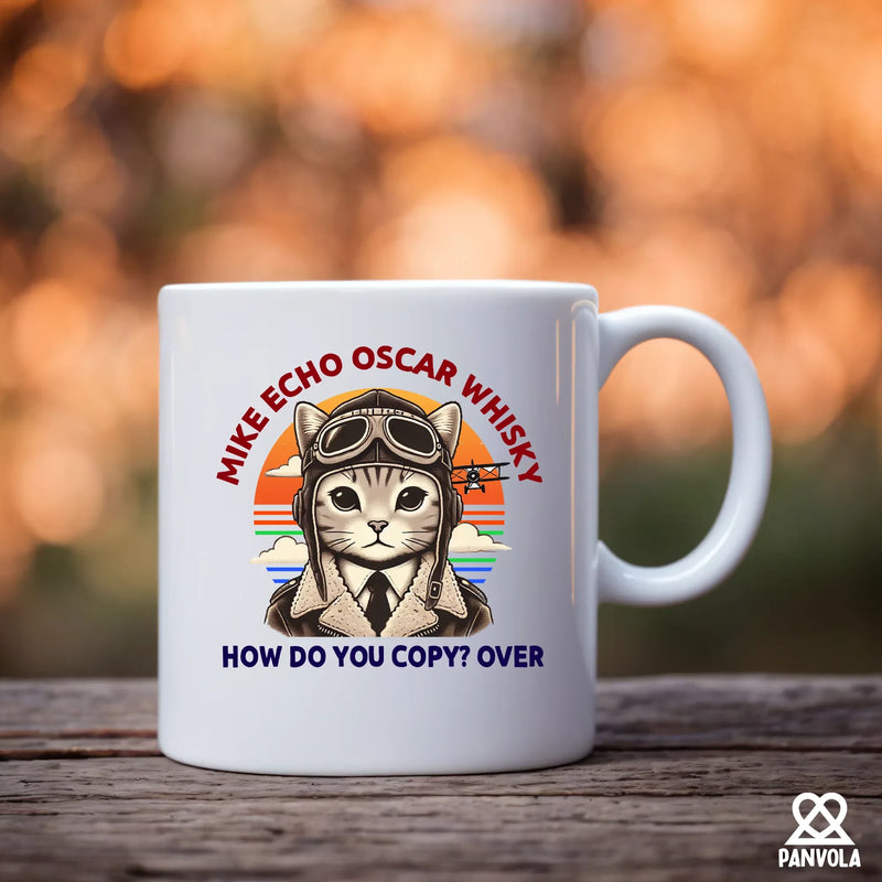 Cat Pilot Mike Echo Oscar Whisky Ceramic Mug 11 oz white - Panvola