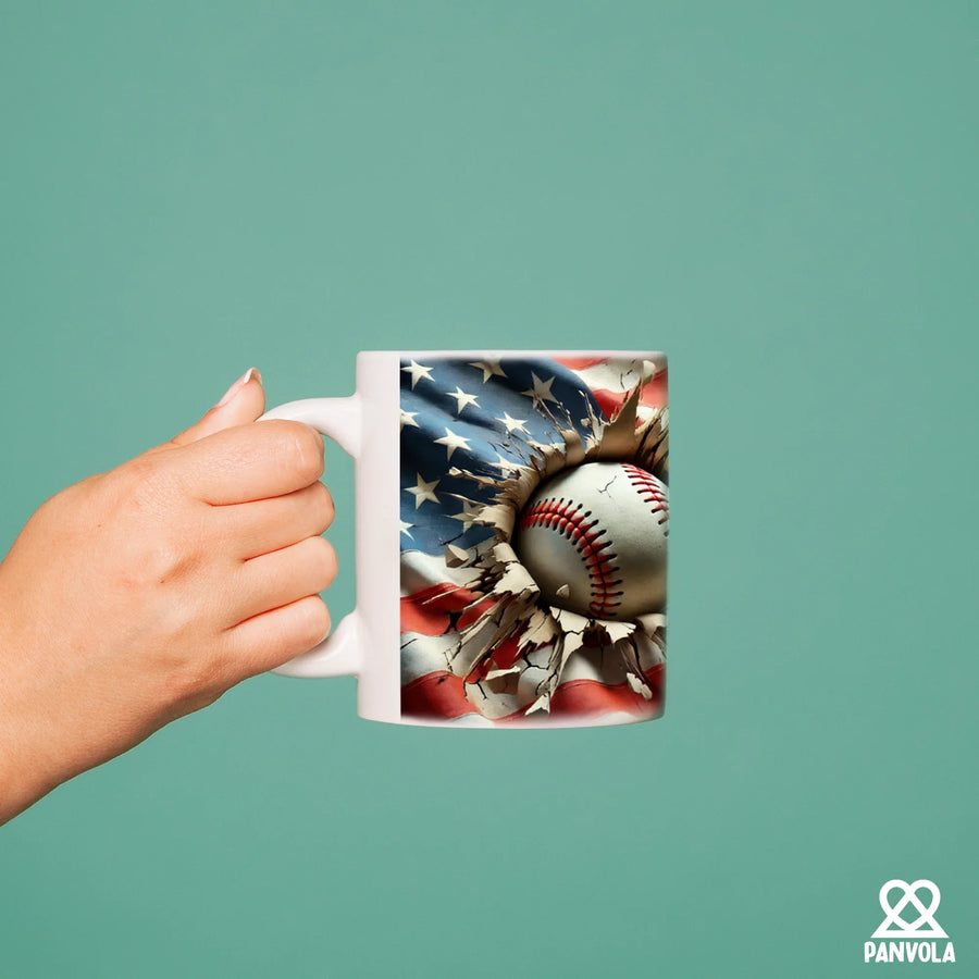 3D Baseball Crack Hole American Flag Ceramic Mug 11 oz White, image 4 of 5