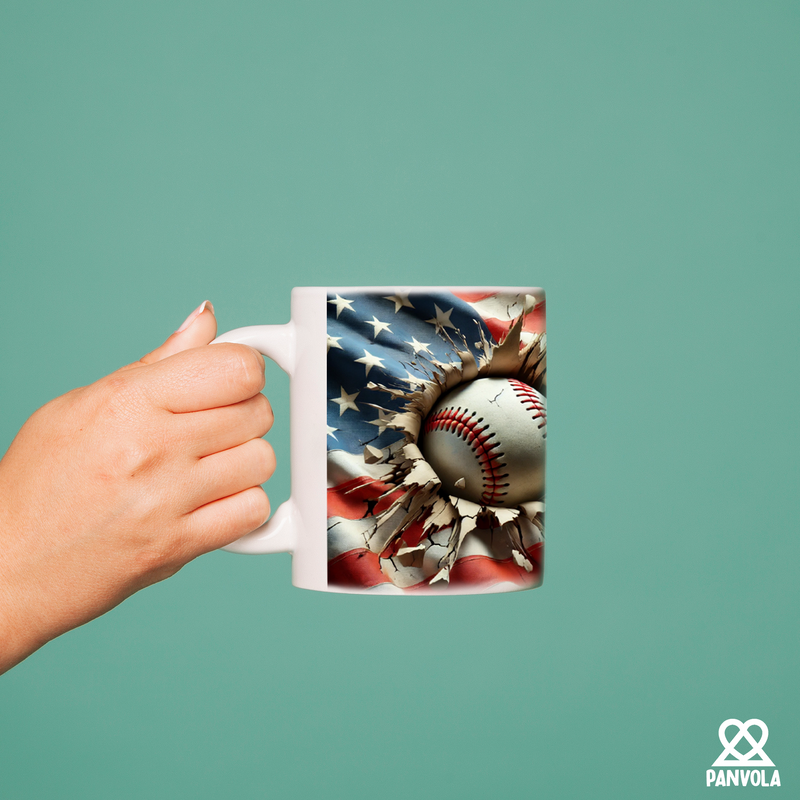 3D Baseball Crack Hole American Flag Ceramic Mug 11 oz White