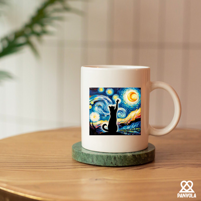 Van Gogh Starry Night Cat Ceramic Mug 11 oz White