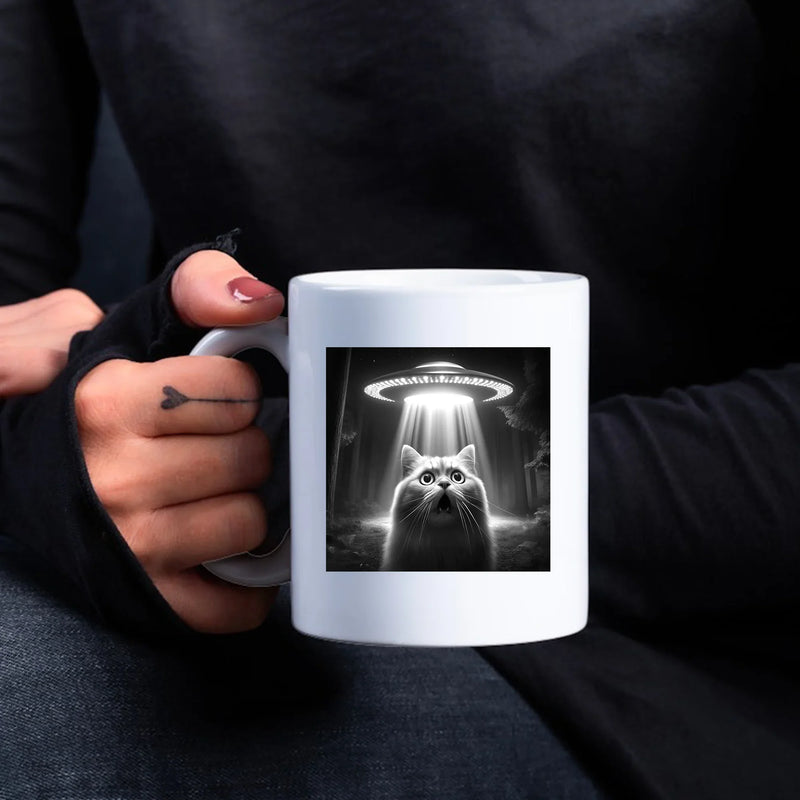 Cat Selfie with UFOs Ceramic Mug 11 oz White - Panvola