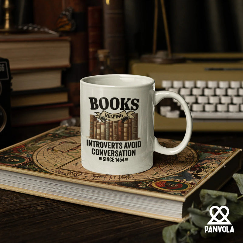 Books Helping Introverts Avoid Conversation Since 1454 Ceramic Mug 11 oz White - Panvola
