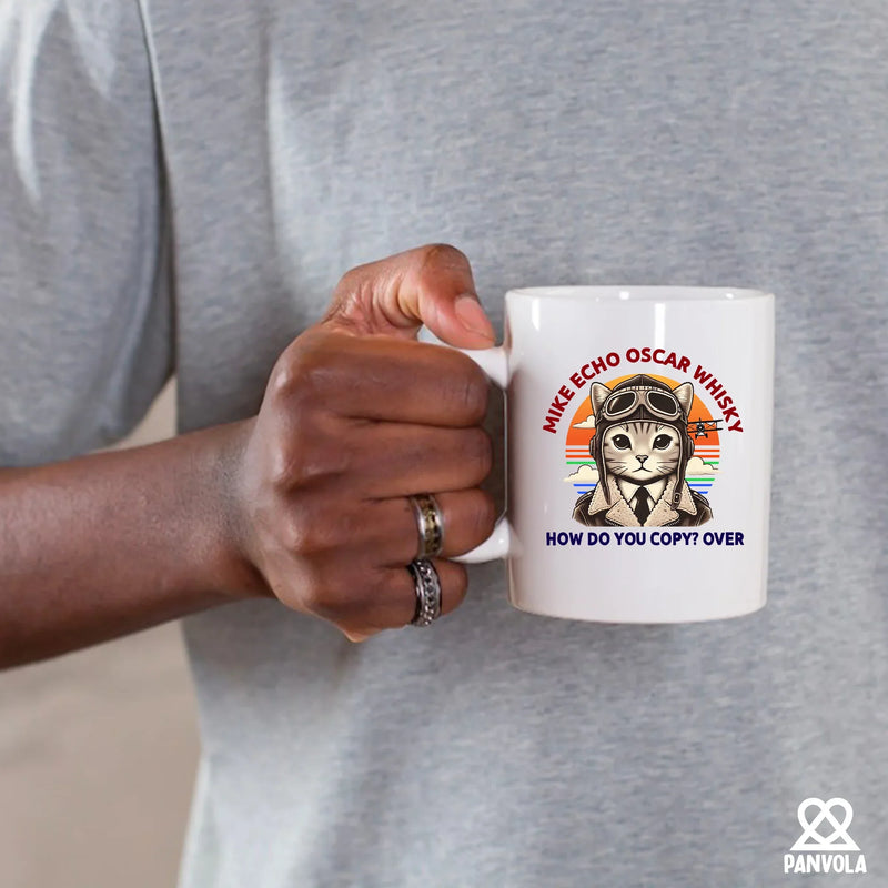 Cat Pilot Mike Echo Oscar Whisky Ceramic Mug 11 oz white - Panvola