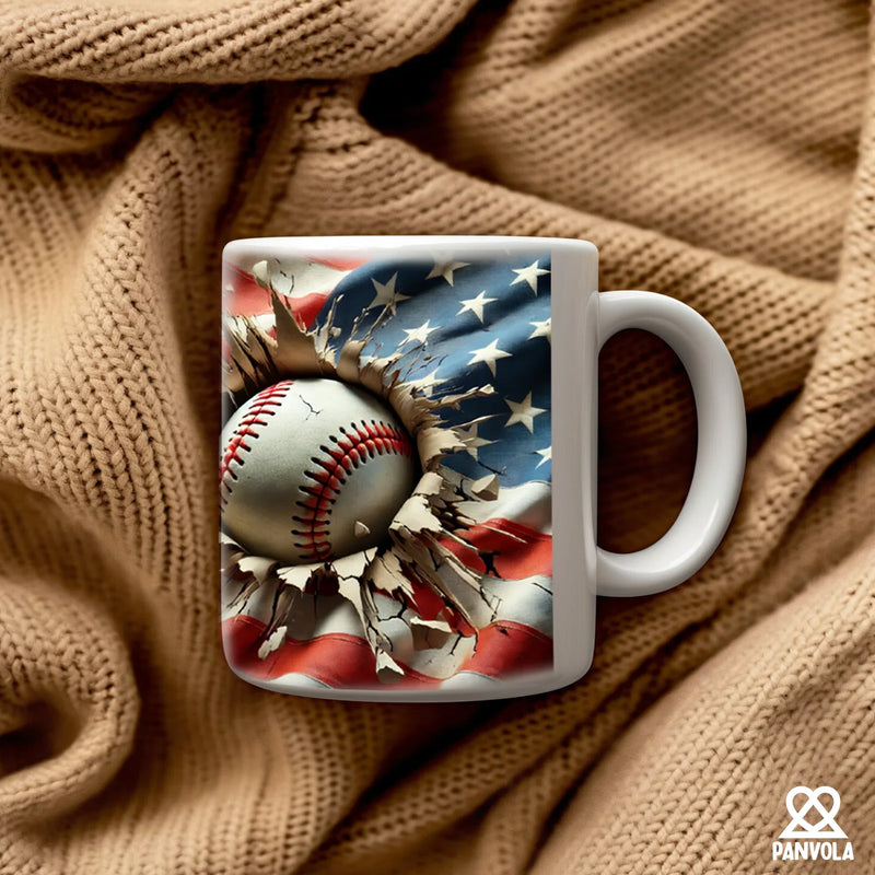 3D Baseball Crack Hole American Flag Ceramic Mug 11 oz White - Panvola