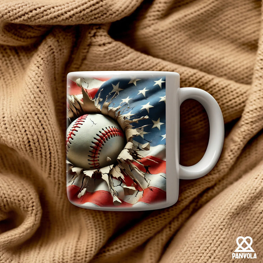 3D Baseball Crack Hole American Flag Ceramic Mug 11 oz White, image 5 of 5