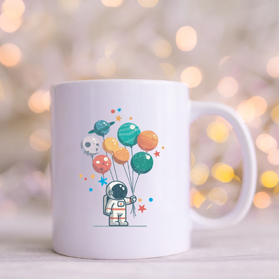 Astronaut Holding Planet Balloons Ceramic Mug 11 oz White