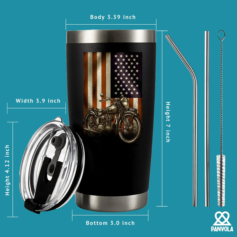 Motorcycle American Flag Motorcycle Gifts Vacuum Insulated Tumbler 20 oz Black - Panvola