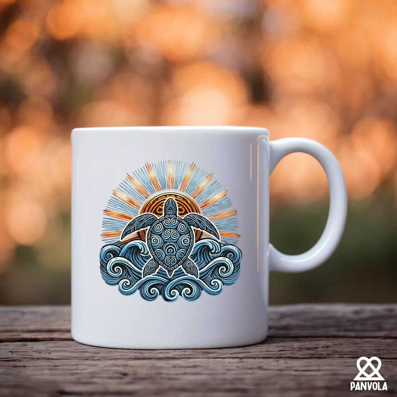 Hawaiian Maori Sun Sea Turtle Ceramic Mug 11 oz White - Panvola