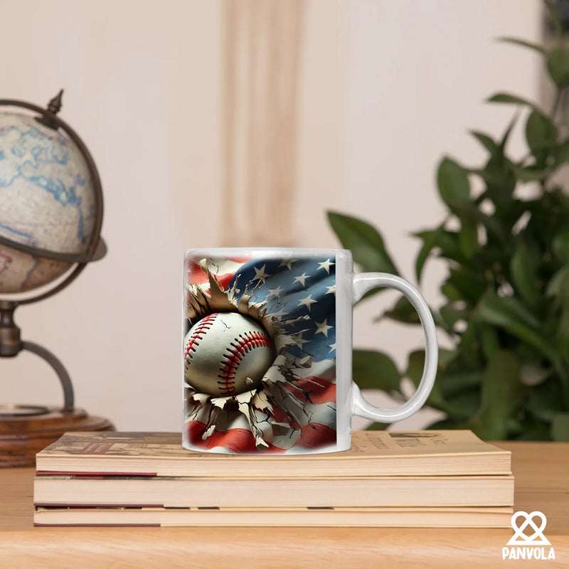 3D Baseball Crack Hole American Flag Ceramic Mug 11 oz White - Panvola