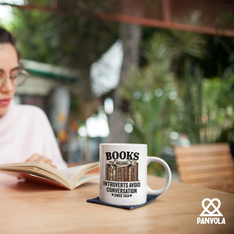 Books Helping Introverts Avoid Conversation Since 1454 Ceramic Mug 11 oz White - Panvola