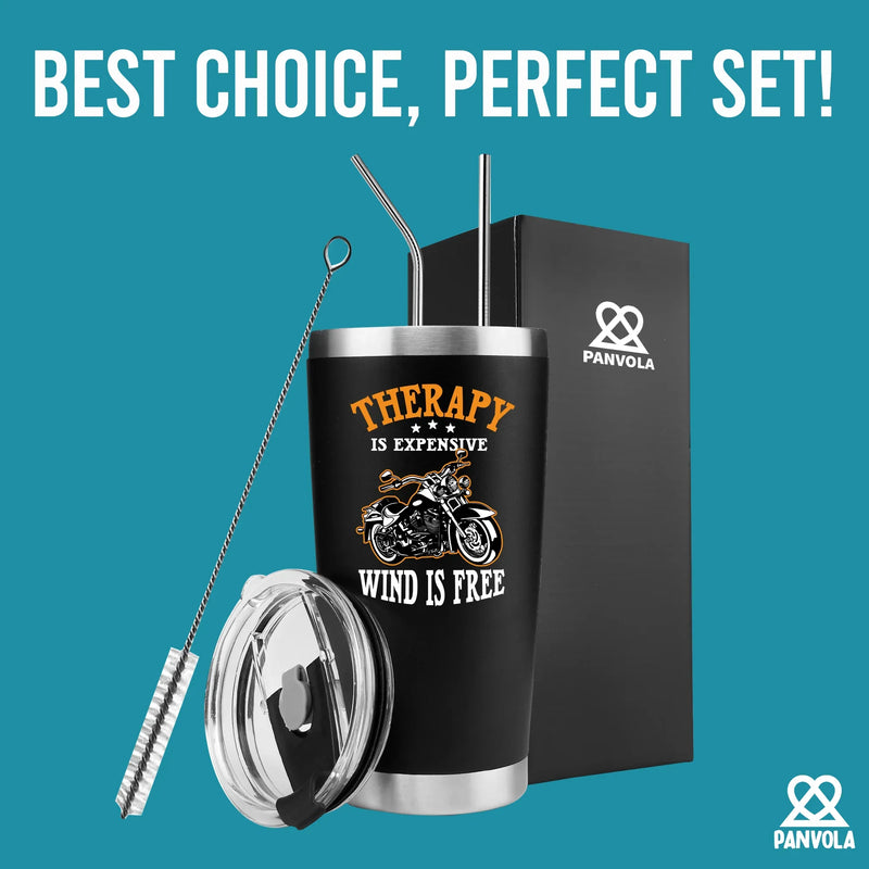 Therapy Is Expensive Wind Is Free Motorcycle Gifts Vacuum Insulated Tumbler 20 oz Black - Panvola