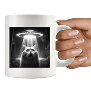 Cat Selfie with UFOs Ceramic Mug 11 oz White - Panvola