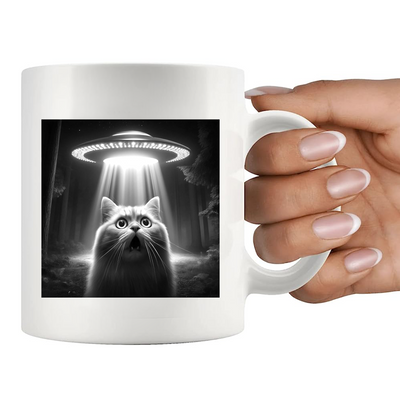 Cat Selfie with UFOs Ceramic Mug 11 oz White