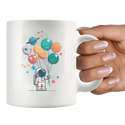 Astronaut Holding Planet Balloons Ceramic Mug 11 oz White