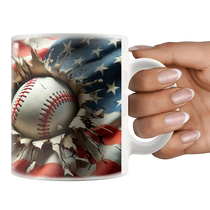 3D Baseball Crack Hole American Flag Ceramic Mug 11 oz White - Panvola