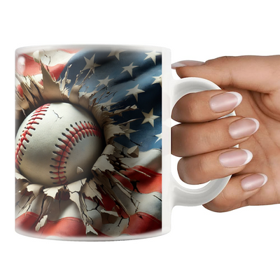 3D Baseball Crack Hole American Flag Ceramic Mug 11 oz White