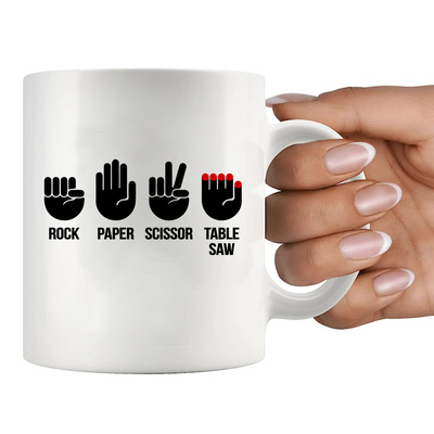 Rock, Paper, Scissor, Table Saw Ceramic Mug 11 oz White