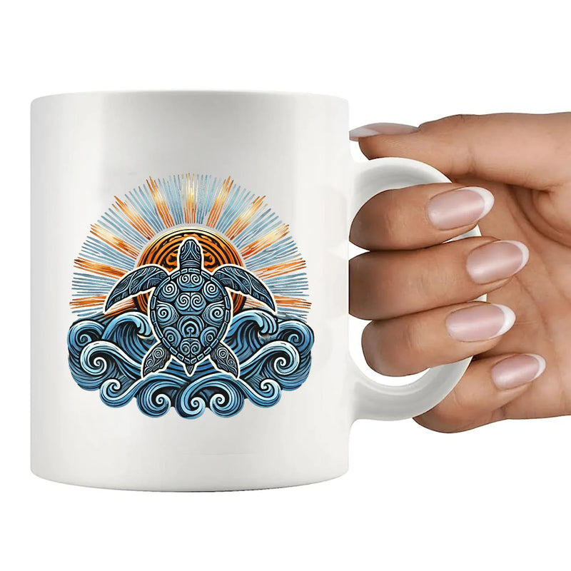 Hawaiian Maori Sun Sea Turtle Ceramic Mug 11 oz White - Panvola