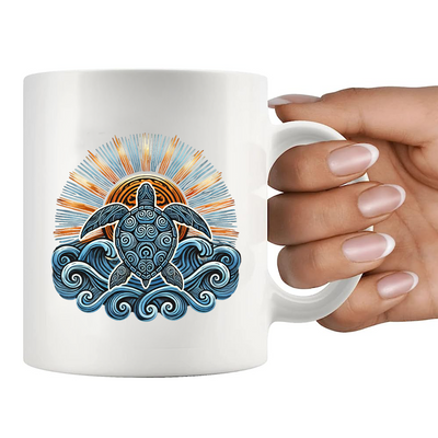 Hawaiian Maori Sun Sea Turtle Ceramic Mug 11 oz White