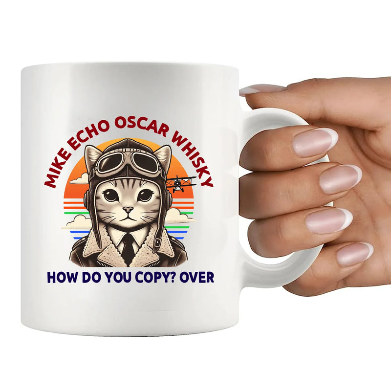 Cat Pilot Mike Echo Oscar Whisky Ceramic Mug 11 oz white - Panvola