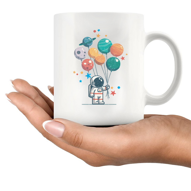 Astronaut Holding Planet Balloons Ceramic Mug 11 oz White