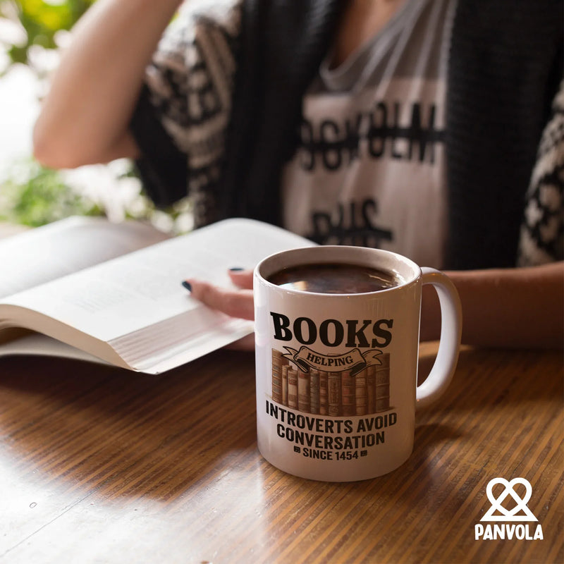Books Helping Introverts Avoid Conversation Since 1454 Ceramic Mug 11 oz White - Panvola