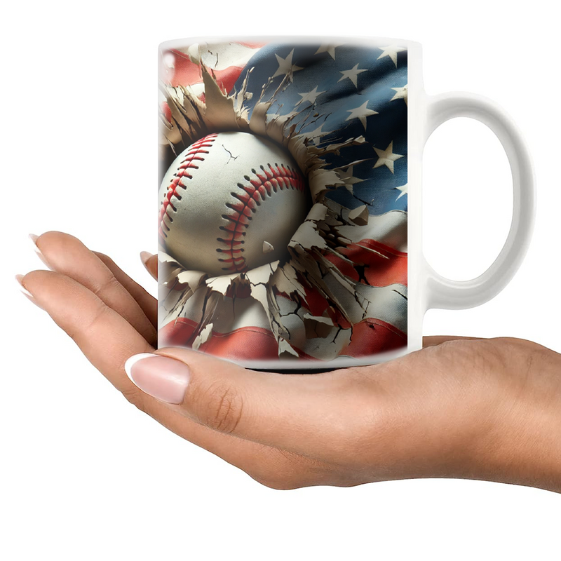 3D Baseball Crack Hole American Flag Ceramic Mug 11 oz White