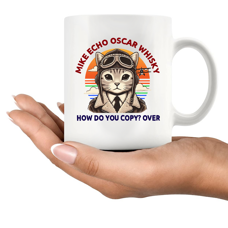 Cat Pilot Mike Echo Oscar Whisky Ceramic Mug 11 oz white