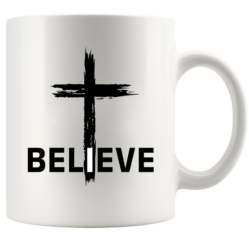 Believe Christian Cross Ceramic Mug 11 oz White