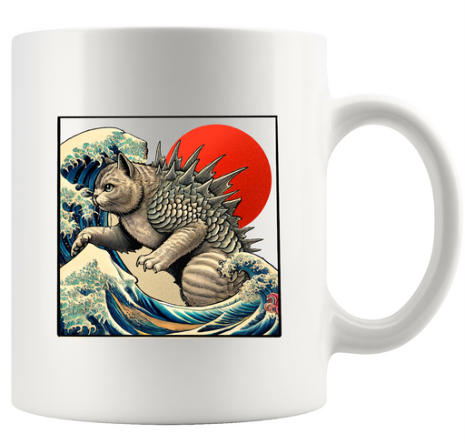 Catzilla Cat Japanese Art Ceramic Mug 11 oz White.